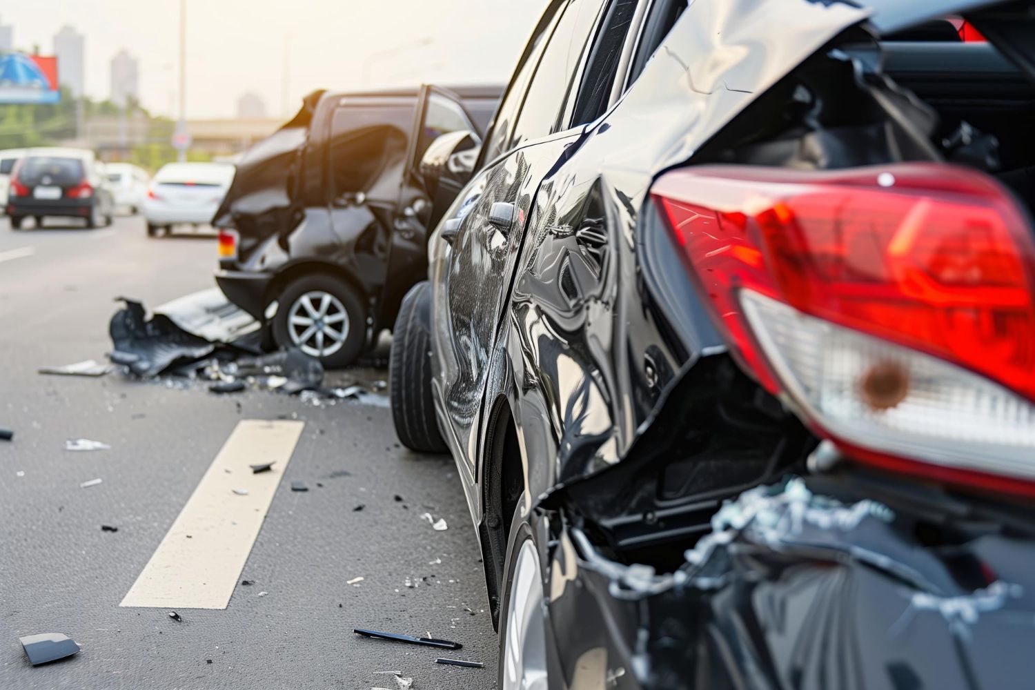 Two cars in a collision on a road, with heavy rear-end damage and debris scattered on the pavement