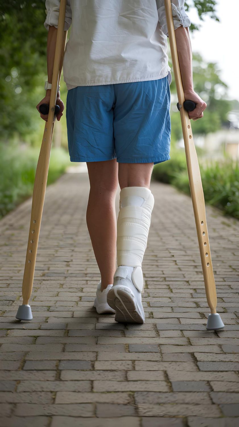 Person walking with crutches on a brick path, wearing blue shorts and a white leg cast.