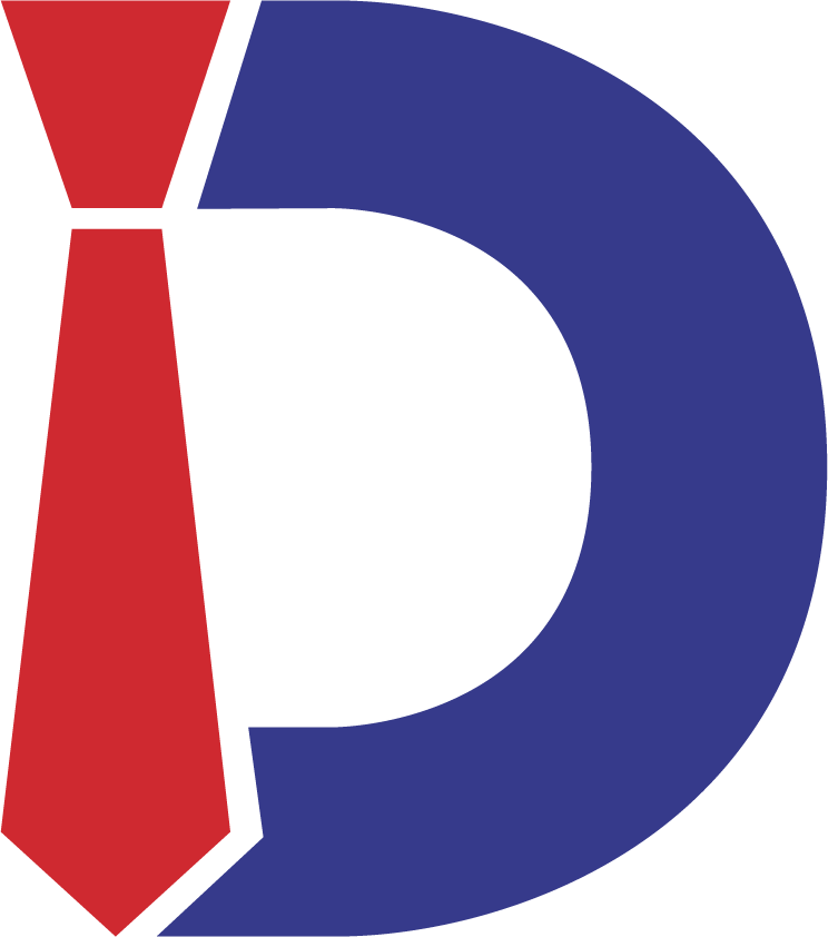 Stylized red tie-shaped “I” beside a blue “D” logo on a white background