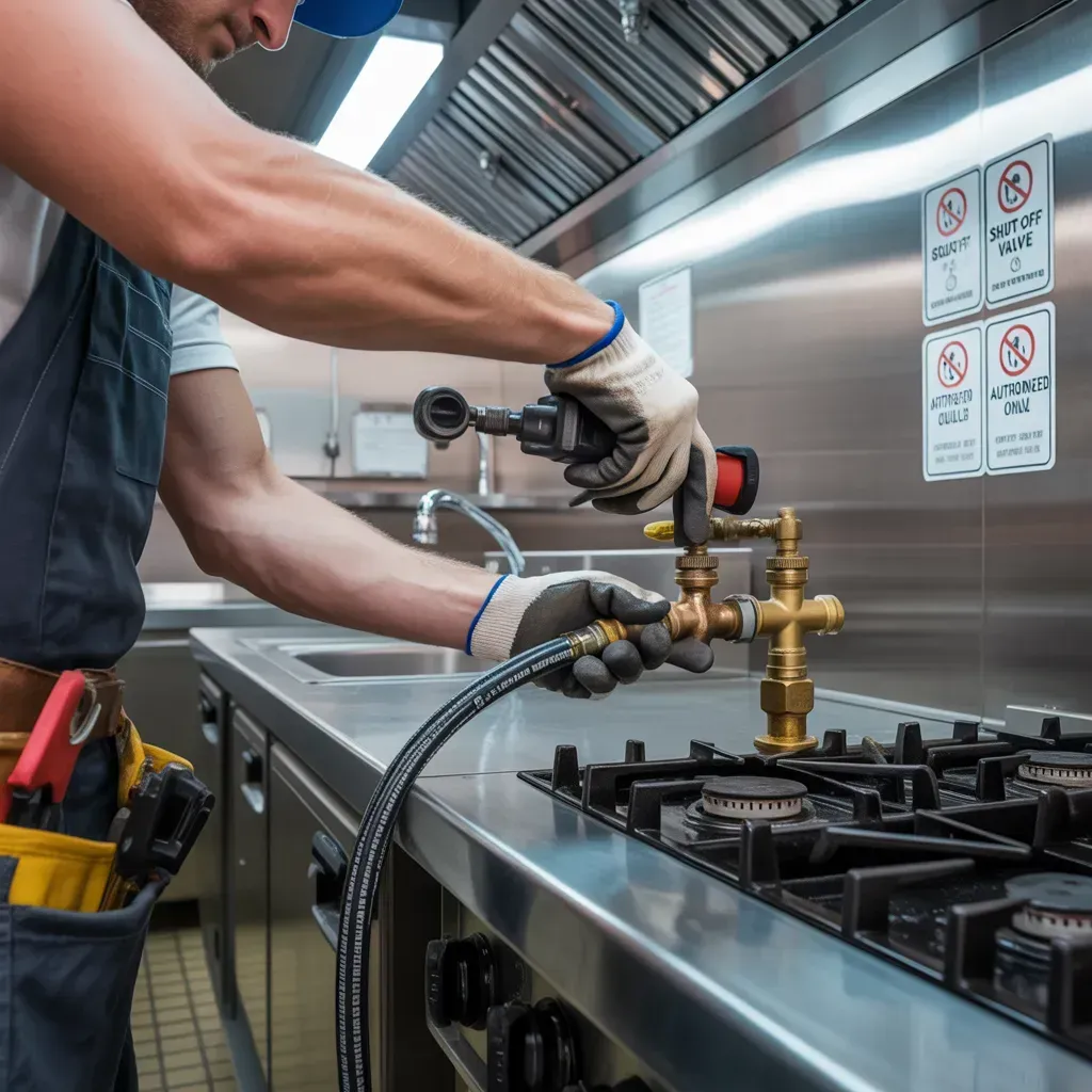 Technician adjusting a brass gas valve assembly on a stainless steel commercial kitchen stove.
