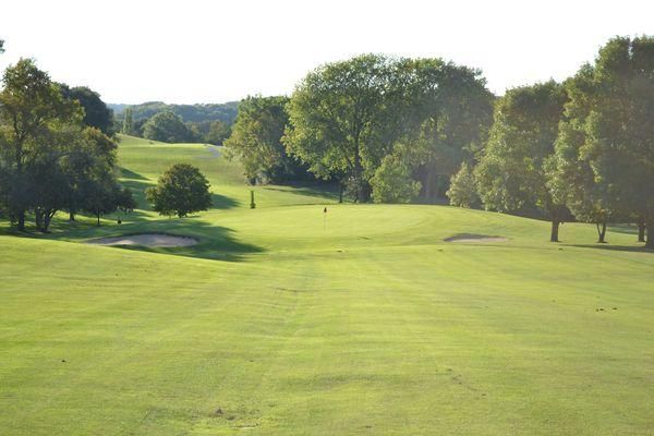 A golf course with trees on the side of it