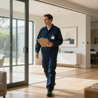 Una persona con uniforme azul y un portapapeles camina por una sala de estar moderna y soleada hacia una puerta de cristal.