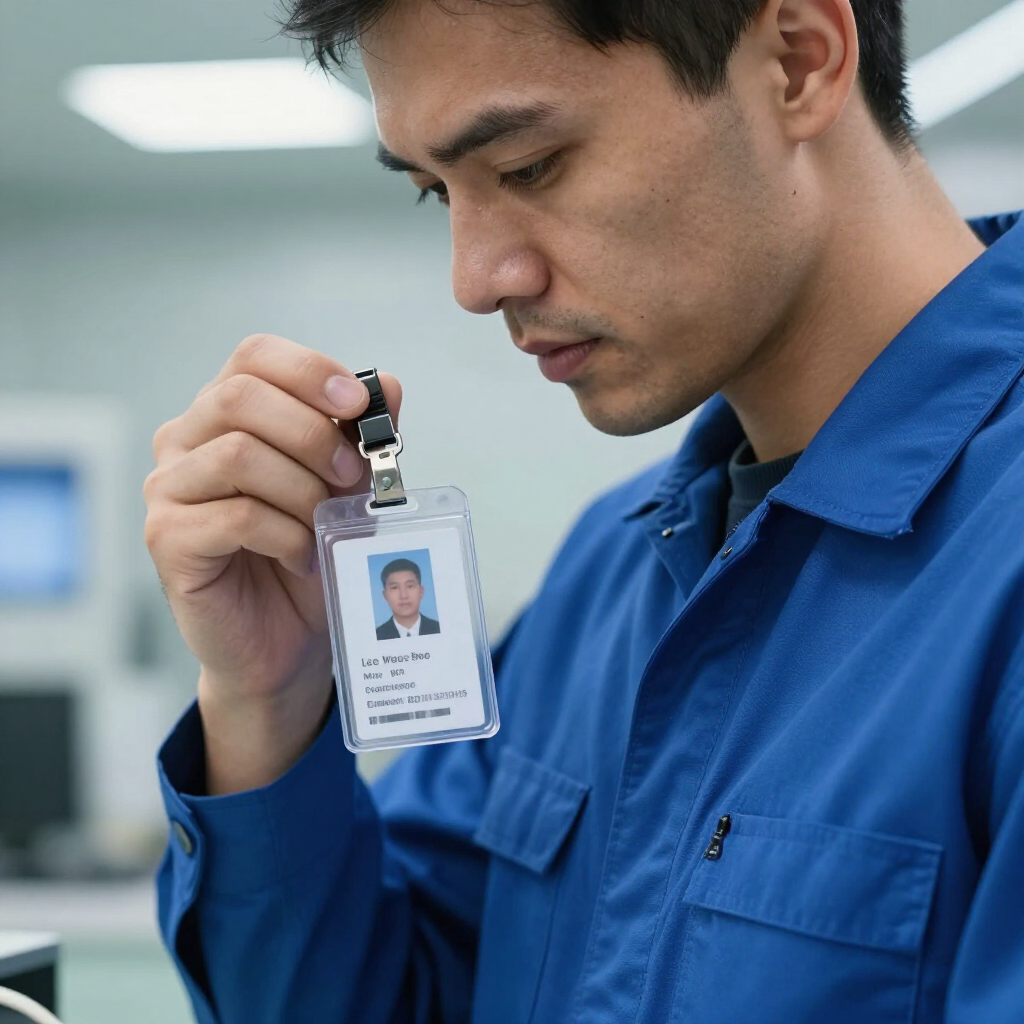 Una persona con uniforme azul muestra una credencial de identificación con fotografía en un laboratorio o lugar de trabajo.