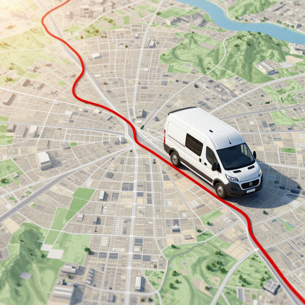 Una furgoneta de carga blanca circula a lo largo de una línea roja superpuesta sobre un mapa de la ciudad visto desde arriba.