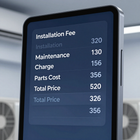 Primer plano de una pantalla digital que muestra una lista de cargos por servicio y precios totales sobre un fondo borroso.