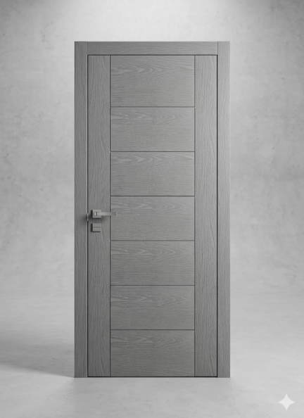 Porta di legno grigia con maniglia in metallo su una semplice parete grigio chiaro.