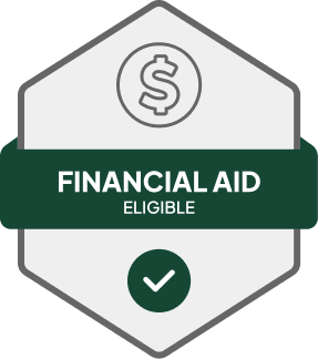 Badge: Financial Aid Eligible, blue banner, building icon, dollar sign.