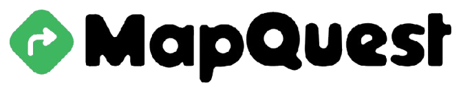 A black and green logo for mapquest with a green arrow.