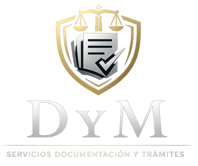 DYM logo with gold shield and documents icon, plus text “Servicios Documentación y Trámites”