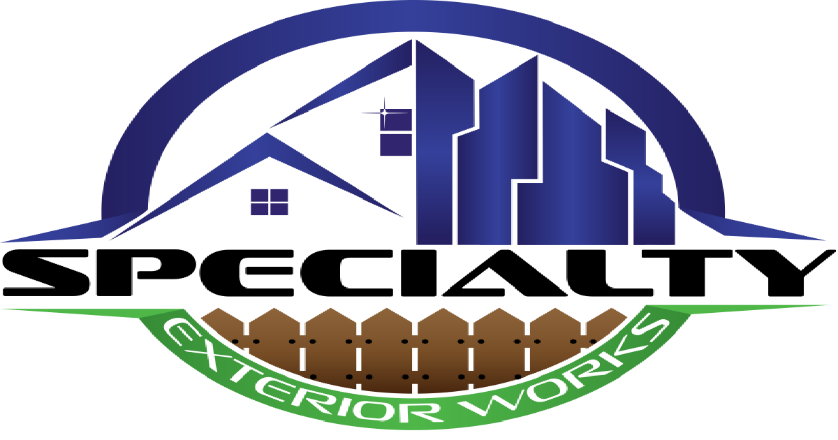 Logo with a house and buildings inside a blue arch, 
