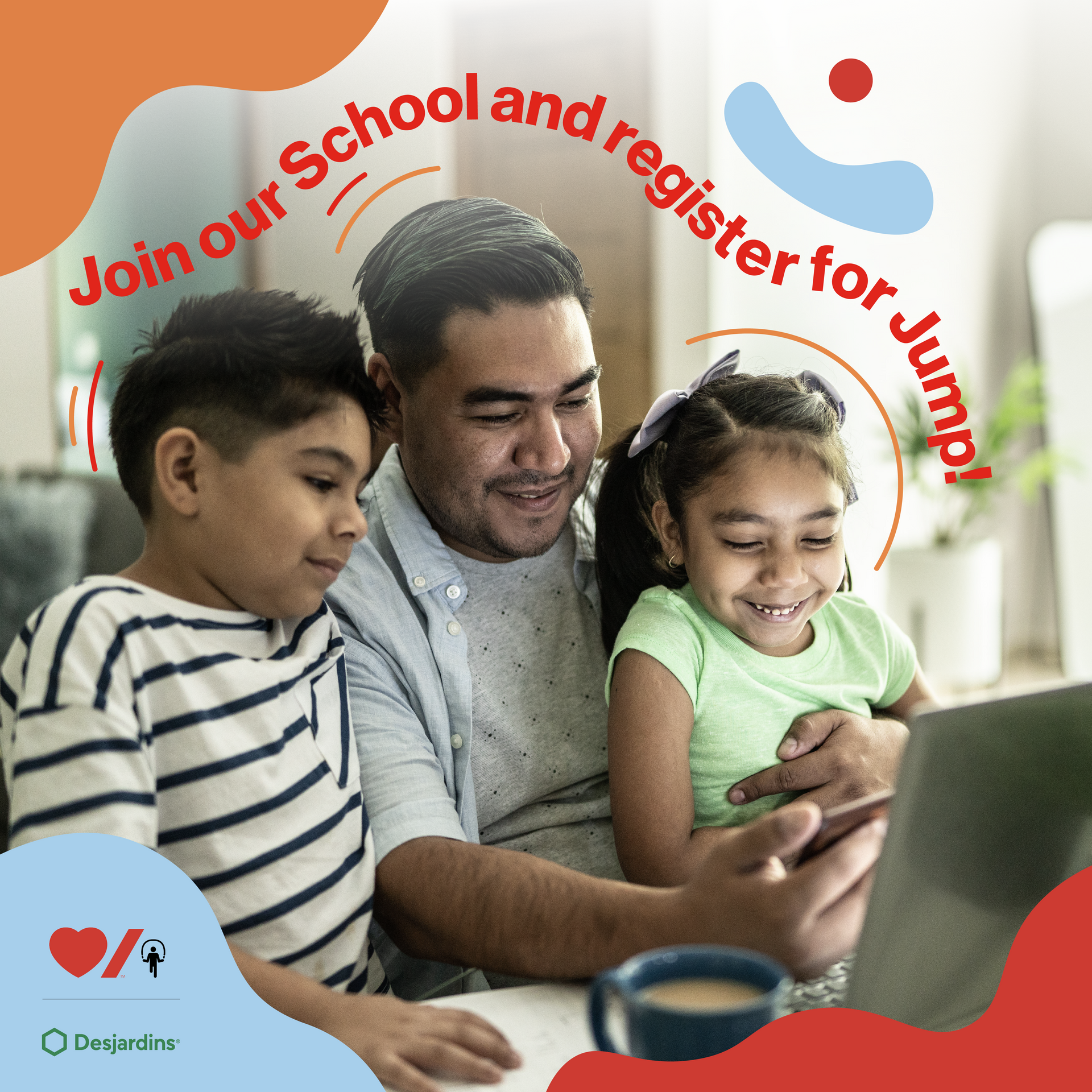 Father sitting at a table with his two children looking at a computer smiling with working “Join our School and register for Jump”.