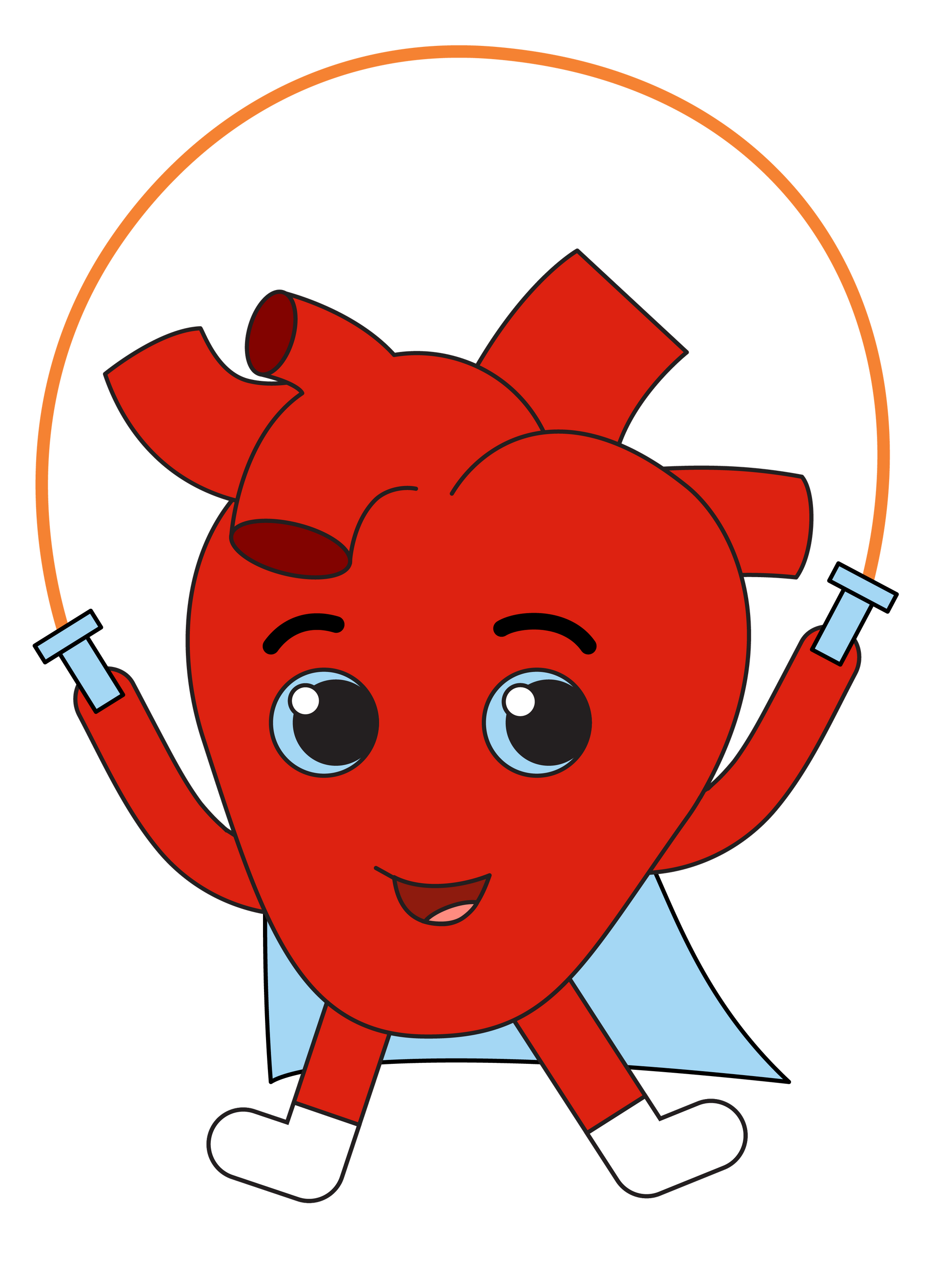 Captain beats, a red heart shaped cartoon character with a blue cape, skipping rope with a smile on his face. 