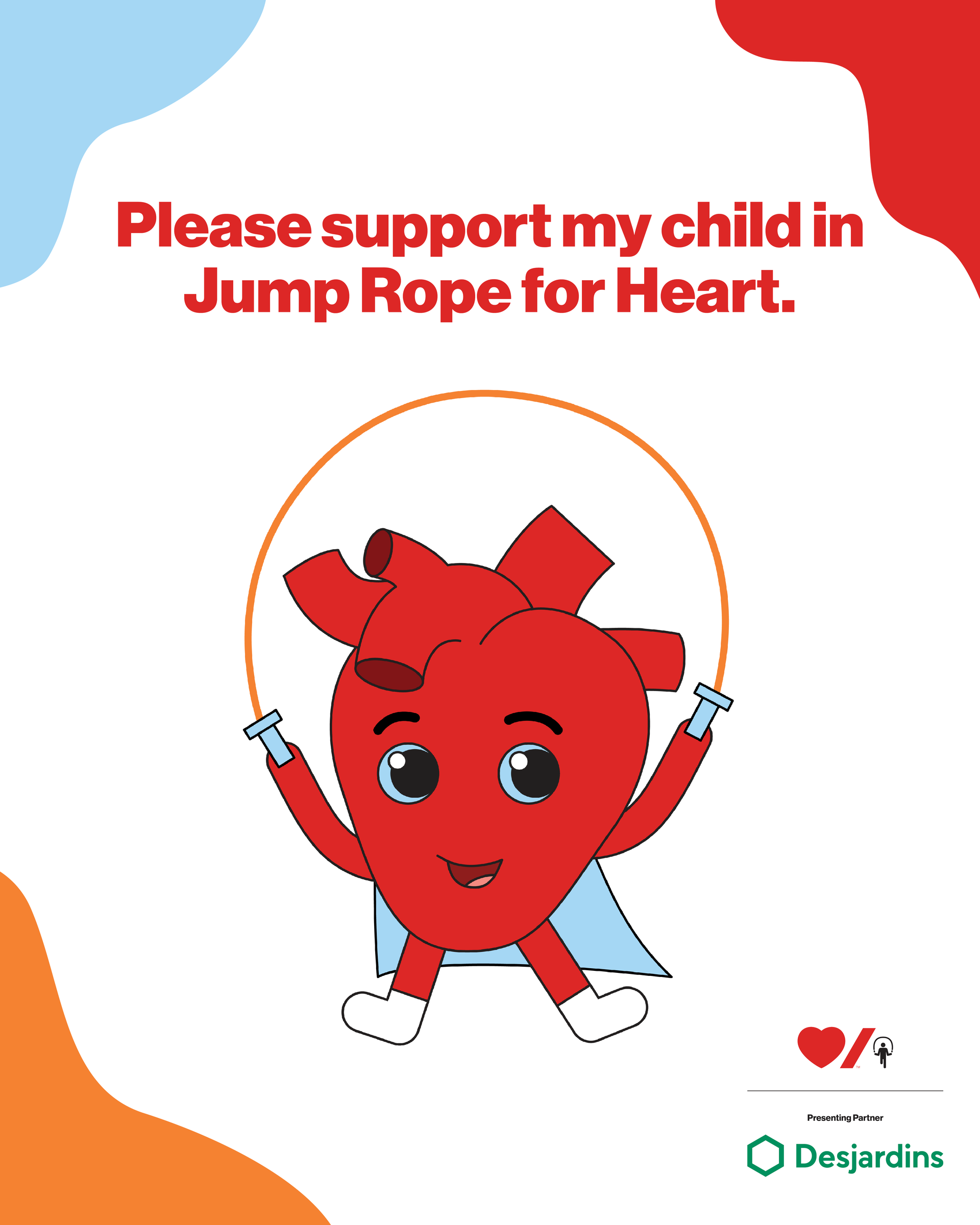 Image of Captain Beats, red heart shaped cartoon character, jumping rope with wording “Please support my child in Jump Rope for Heart.”