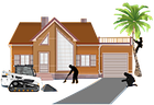 JOES ELITE SERVICES LLC | LOGO House with workers: landscaping, tree trimming, and driveway work.