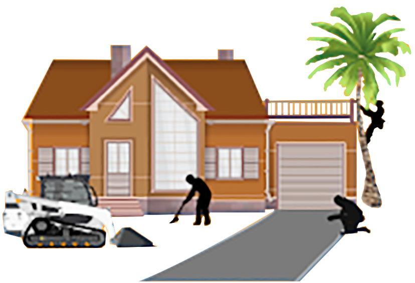 JOES ELITE SERVICES LLC | LOGO House with workers: landscaping, tree trimming, and driveway work.