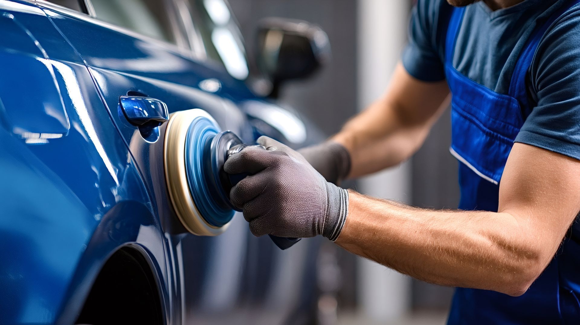 Technician buffing a blue car door during auto body restoration