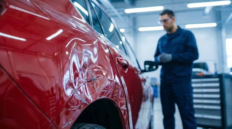 Professional auto body repair service. Close-up of a damaged red car fender after a collision, with