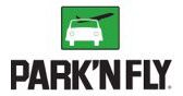 Logo for Park'N Fly, featuring a white car beneath a green square with a plane silhouette, and the company name.