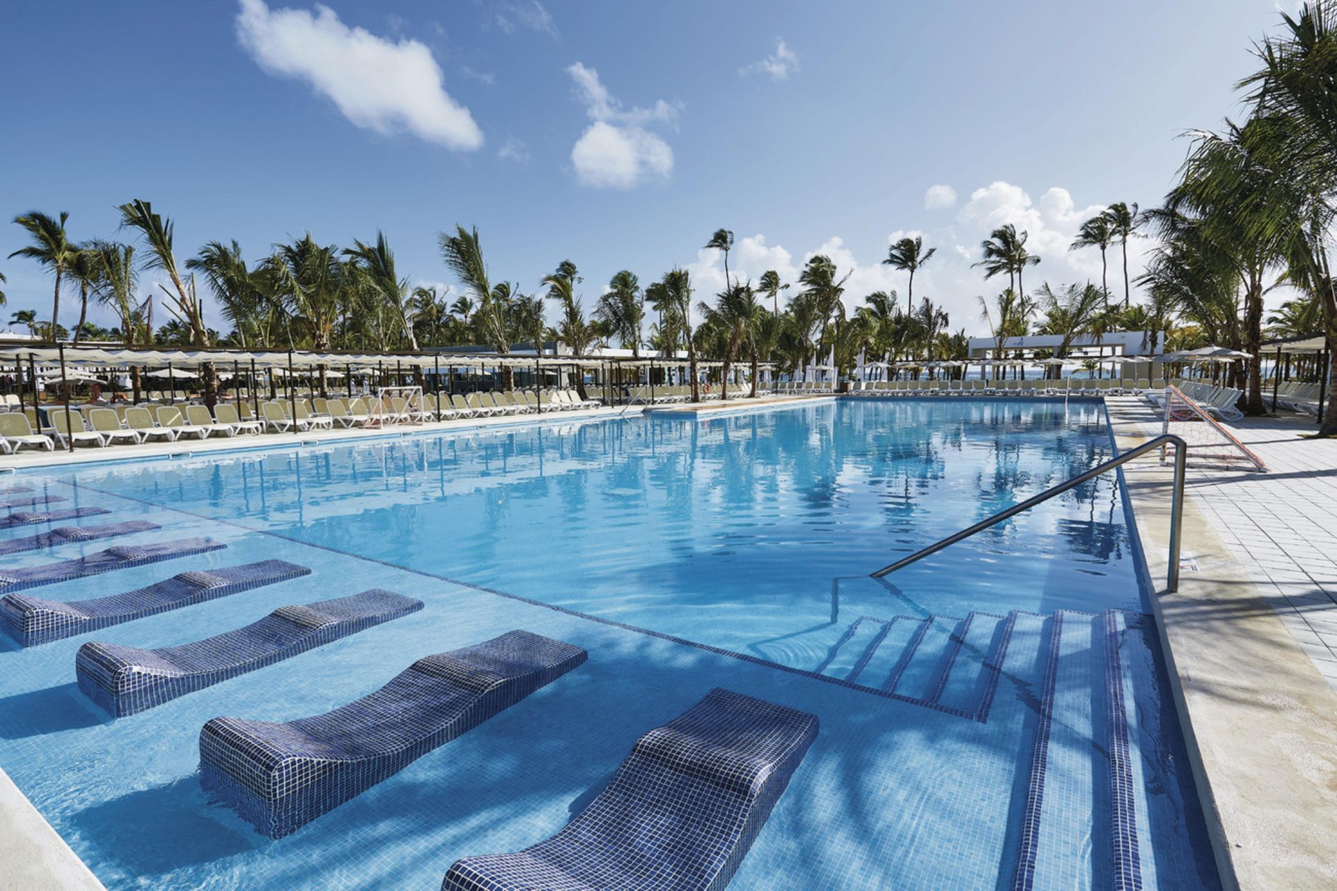 A bright blue swimming pool with submerged lounge chairs under palm trees on a sunny, clear day.