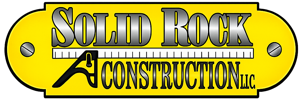 Solid Rock Construction LLC logo on a yellow and black sign with bold industrial lettering