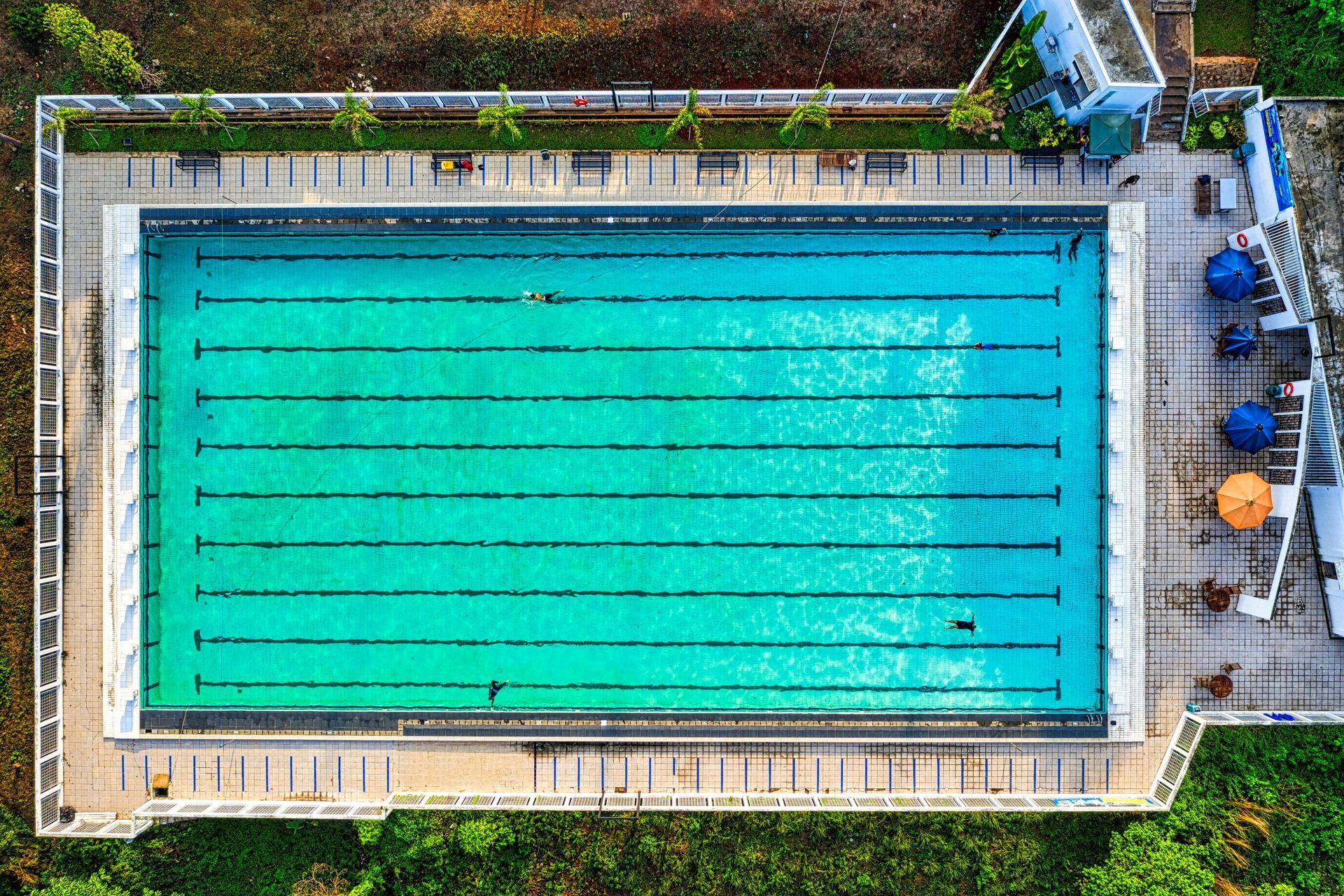 Overhead view of a rectangular swimming pool with lane markers; some swimmers are in the pool.