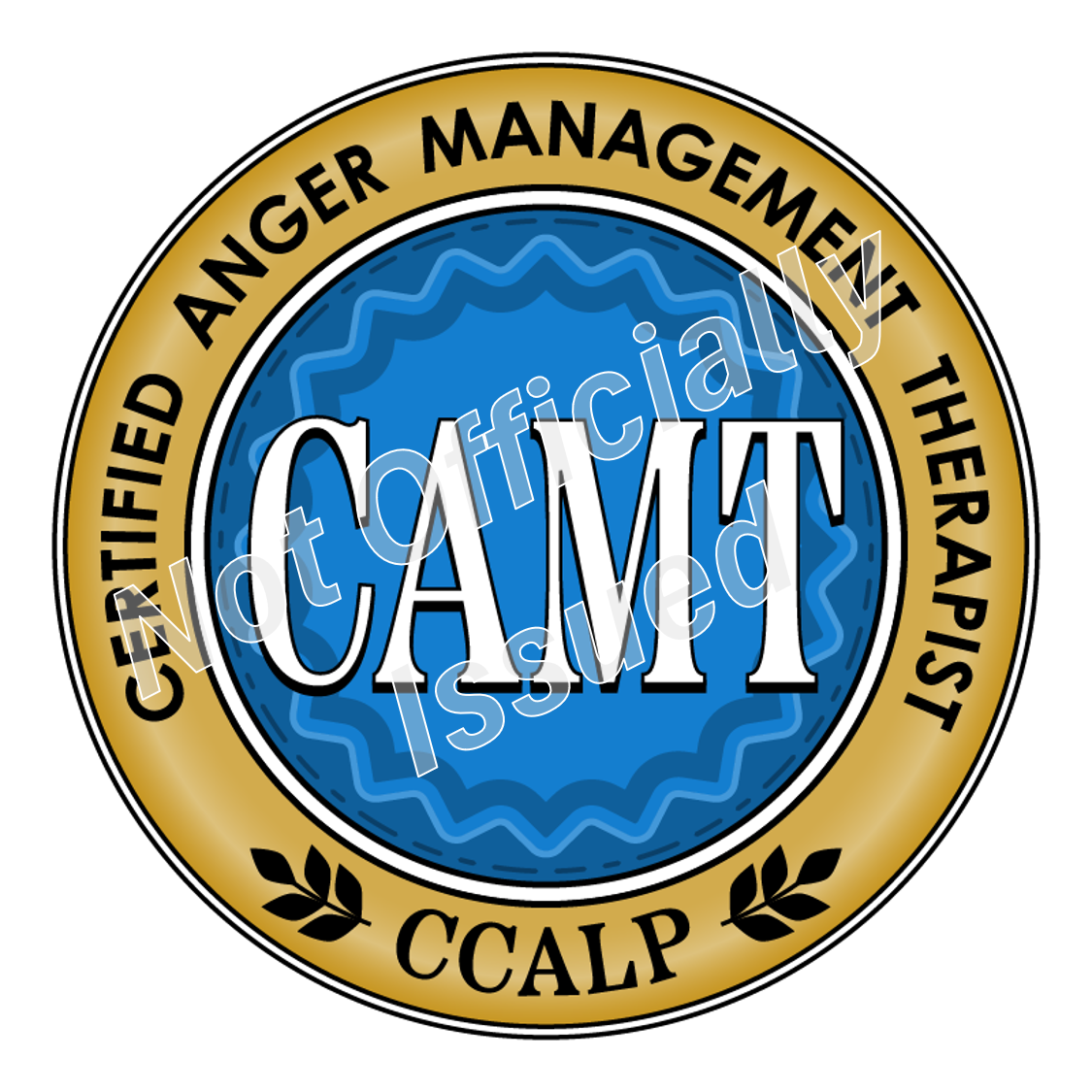 A light blue and gold CCALP badge for Anger Management Therapist (CAMT) Certification