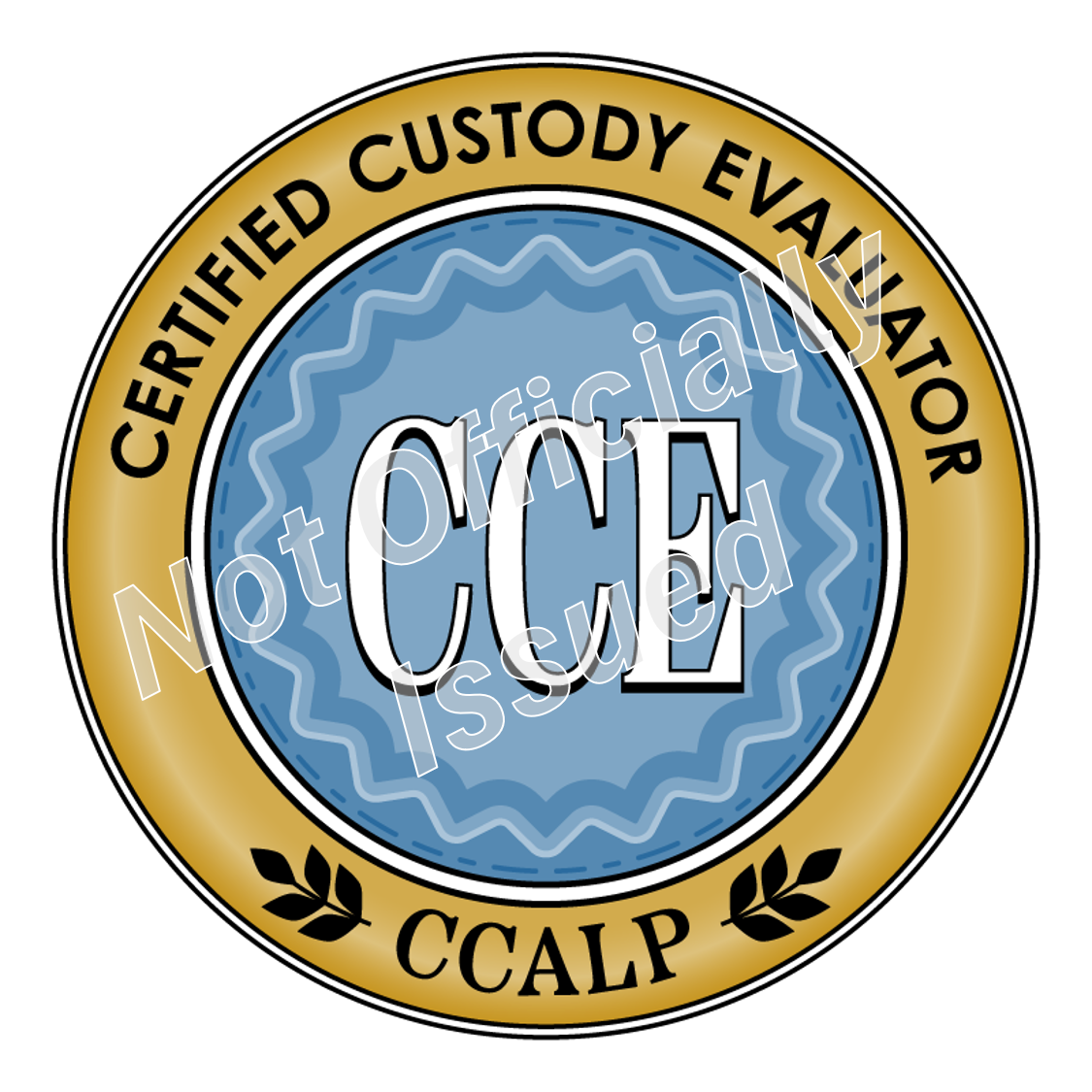 A baby blue and gold CCALP badge for the Certified Custody Evaluator (CCE) Certification