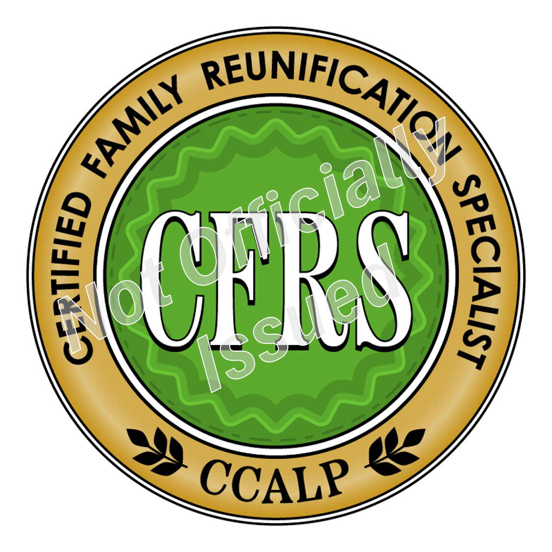 Light green and gold CCALP badge for the Certified Family Reunification Specialist (CFRS) certification