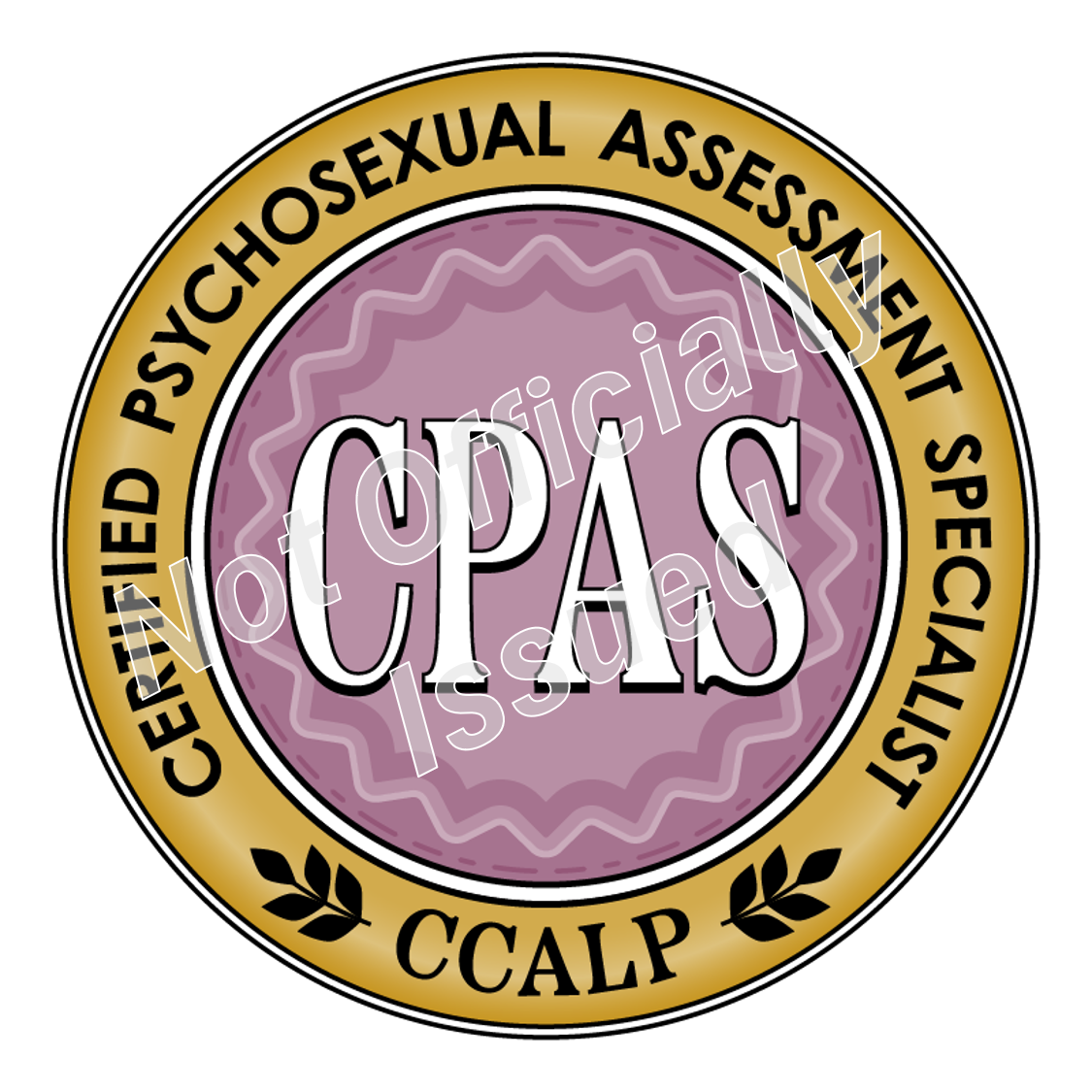 A pink and gold badge for certified psychosexual assessment specialist