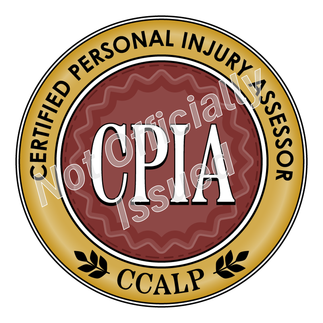 A brick red and gold CCALP badge for the Certified Personal Injury Assessor (CPIA) Certification
