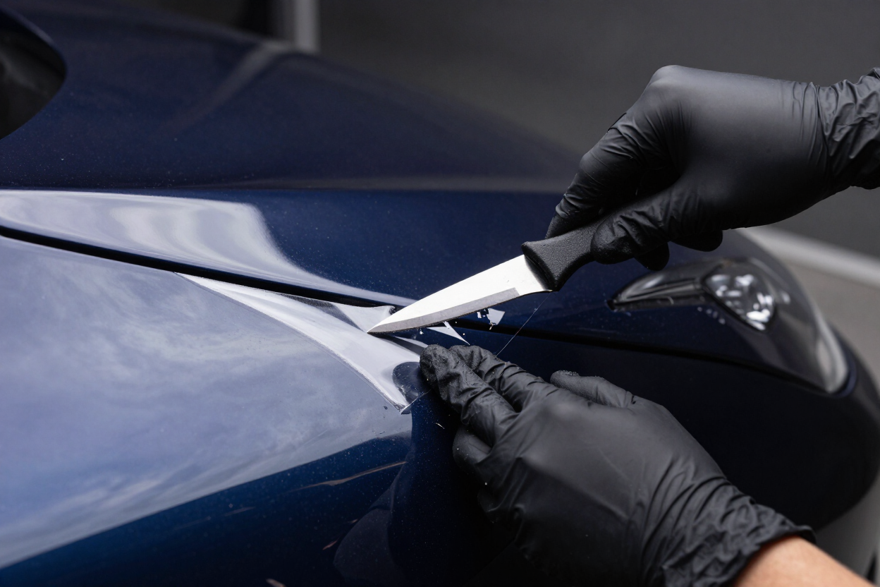 Paint protection film installation on dark sports car