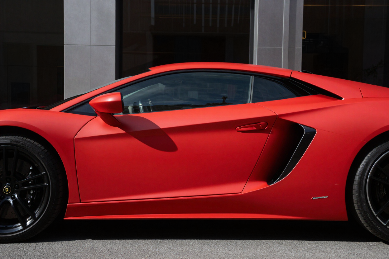 Sports car with bold matte red vinyl wrap