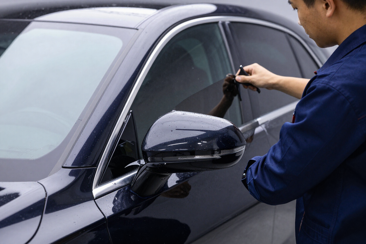 Professional window tint installation on luxury vehicle