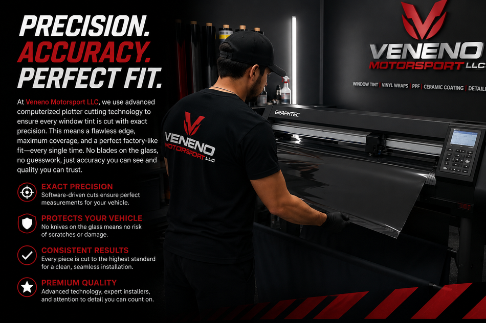 Man in black shirt working at large printer in dark shop, with VENO promotional text and red graphics.