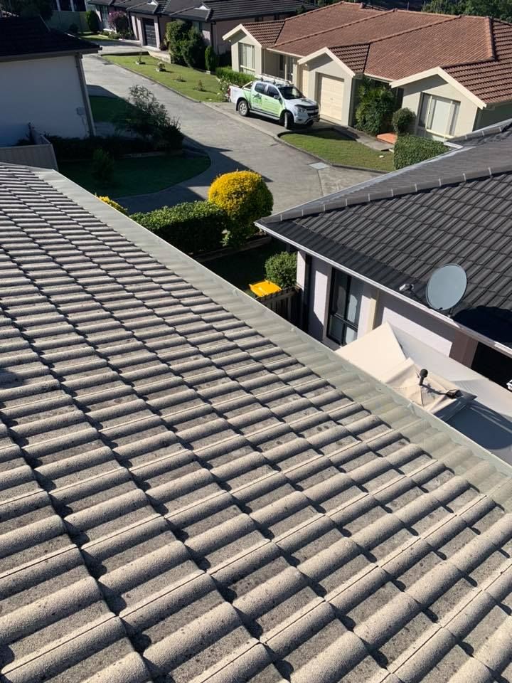 Rooftop with gray tiles; neighborhood view, green bushes and white pickup truck on street.— Gutter Guard In Taree, NSW