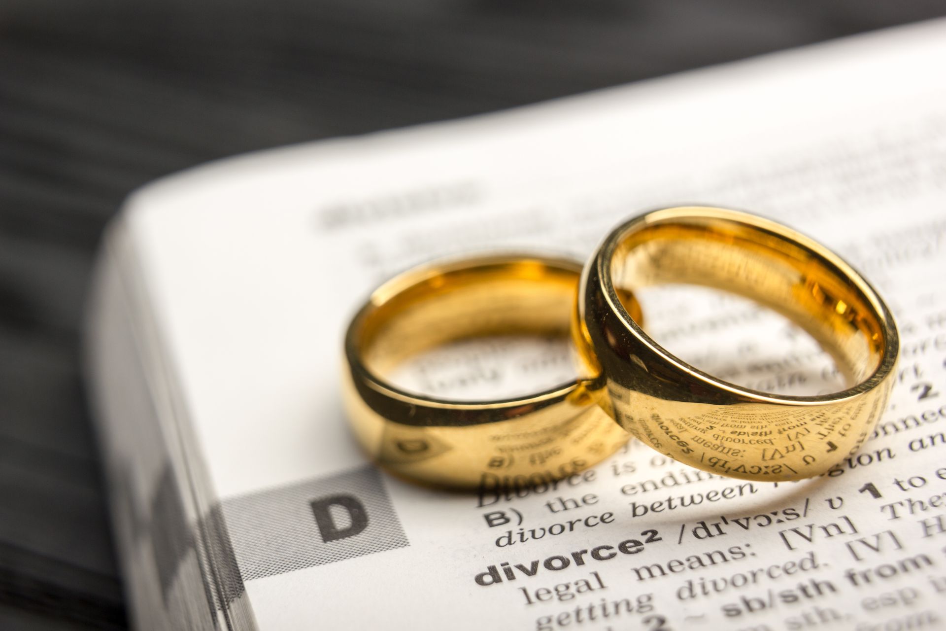 Two gold wedding rings on an open divorce document Two gold wedding rings on an open divorce document