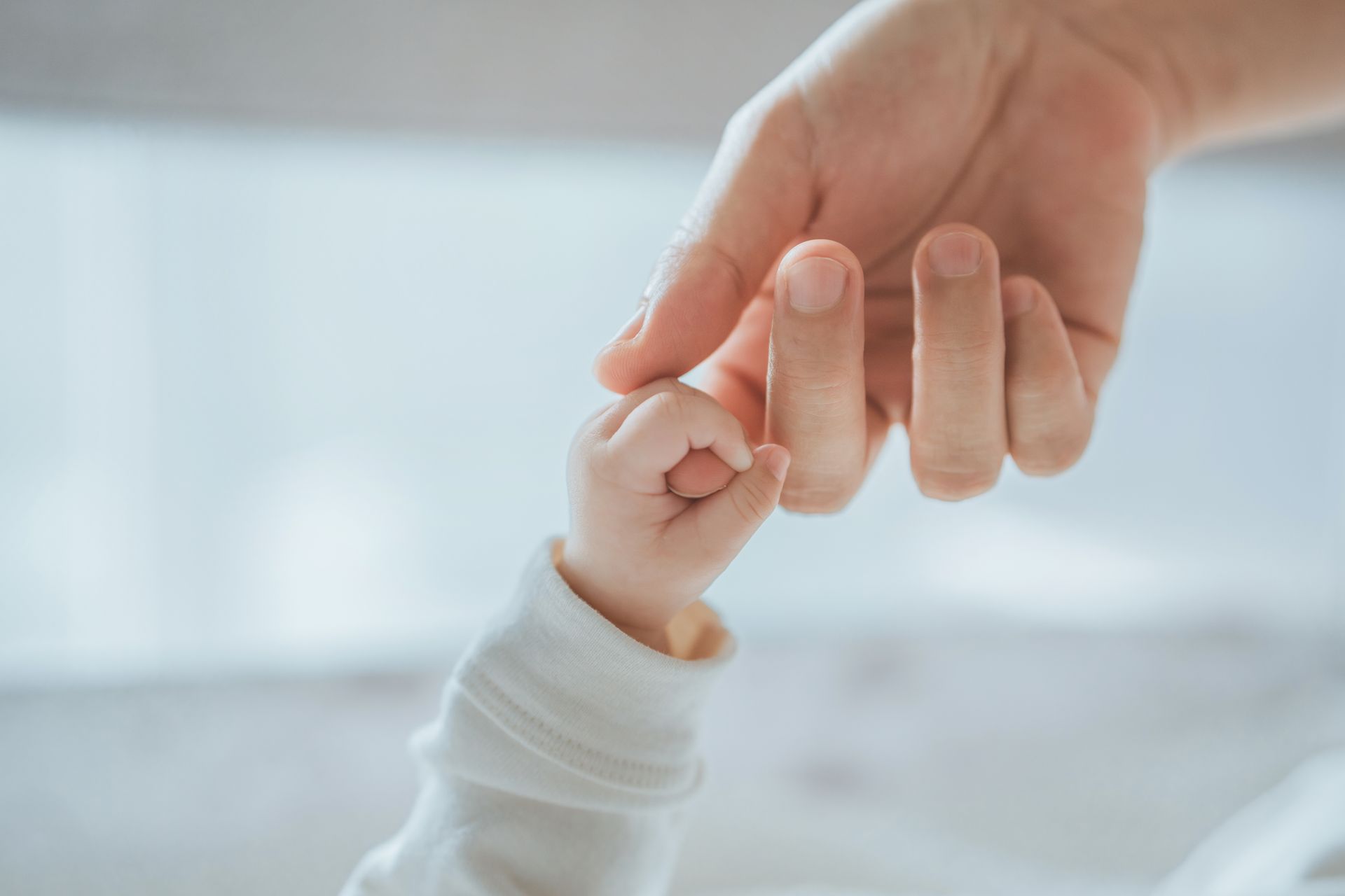 Adult hand holding a baby’s tiny hand against a soft white background Adult hand holding a baby’s tiny hand against a soft white background