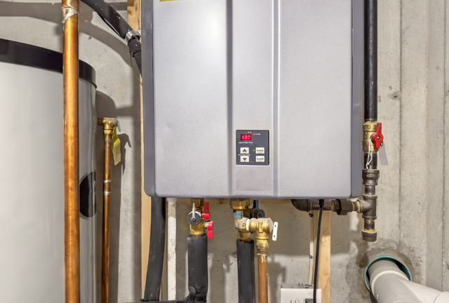 Gray tankless water heater on concrete wall with copper pipes.