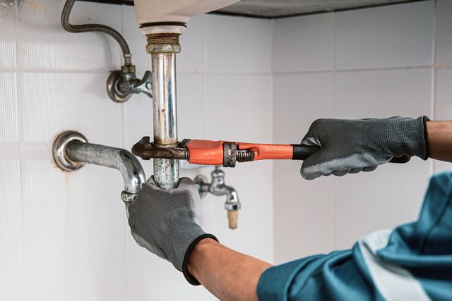 Plumber using a wrench to work on a sink's pipes, wearing gloves in a white-tiled bathroom.