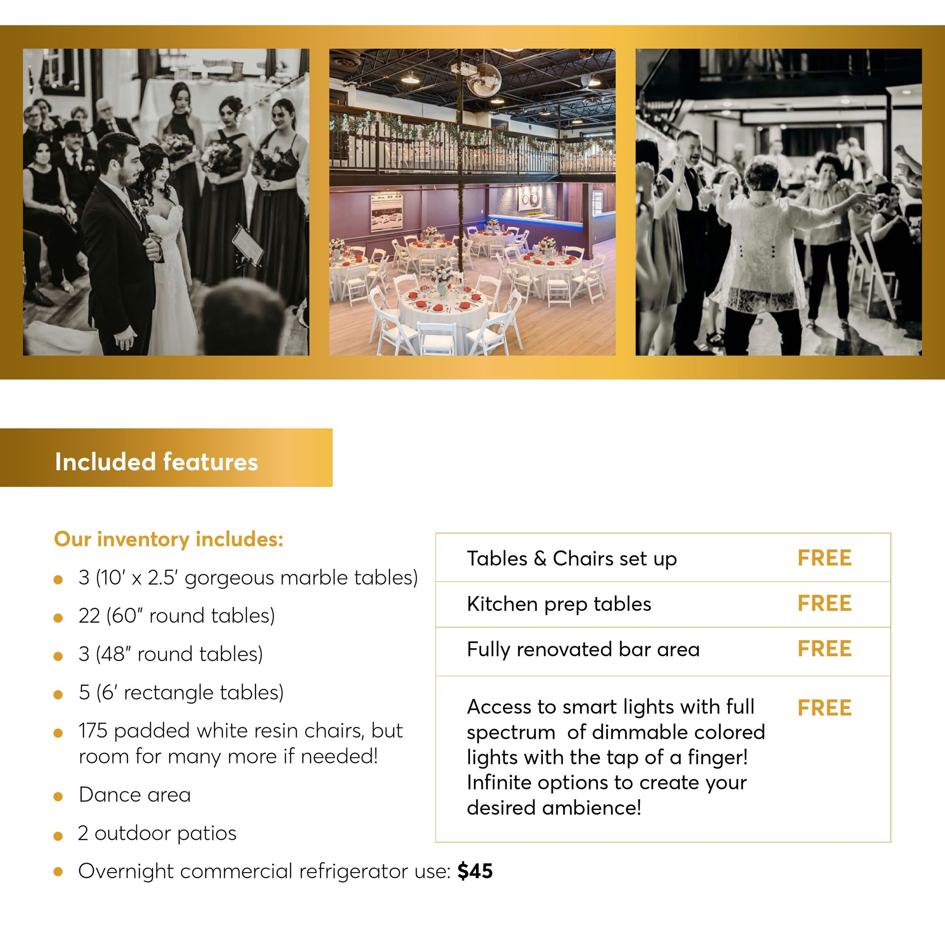 Event rental package flyer with black-and-white dance photos, gold accents, and included features list