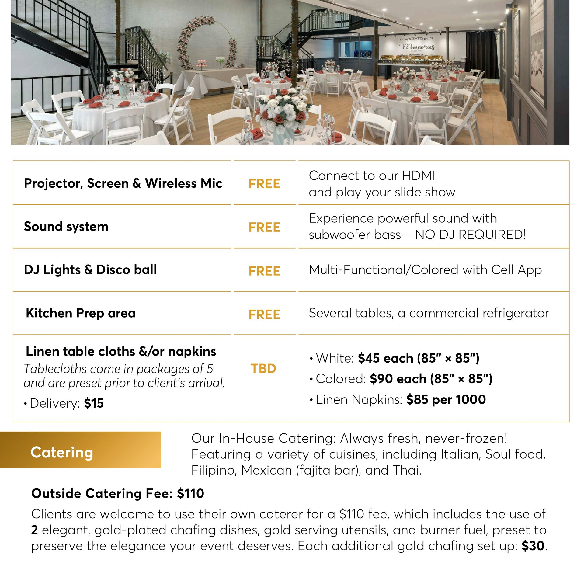 Banquet hall setup with tables, floral centerpieces, and event services listed on the left