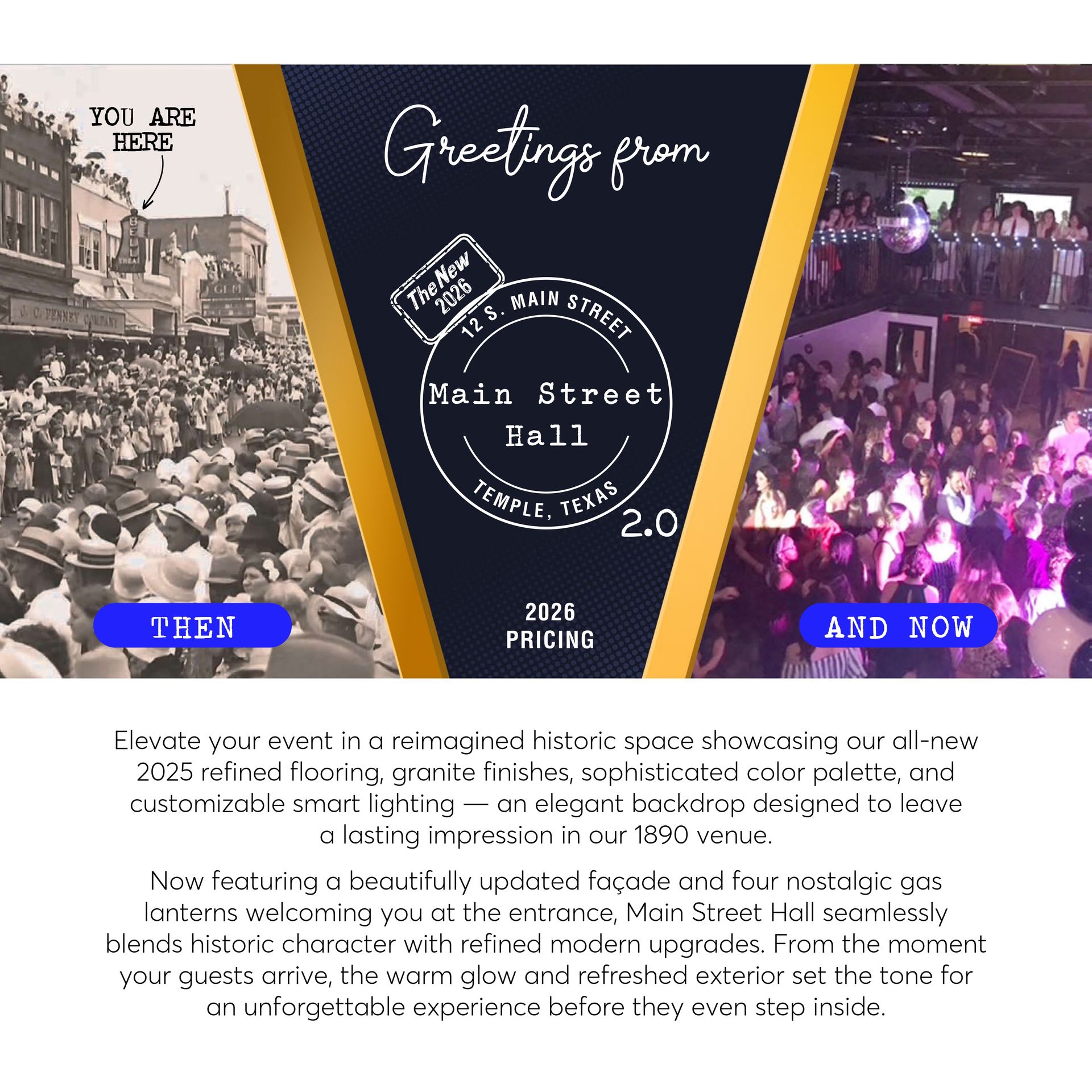 Advertisement for Main Street Hall in Temple, Texas. Displays vintage photo, modern event photo, and text.