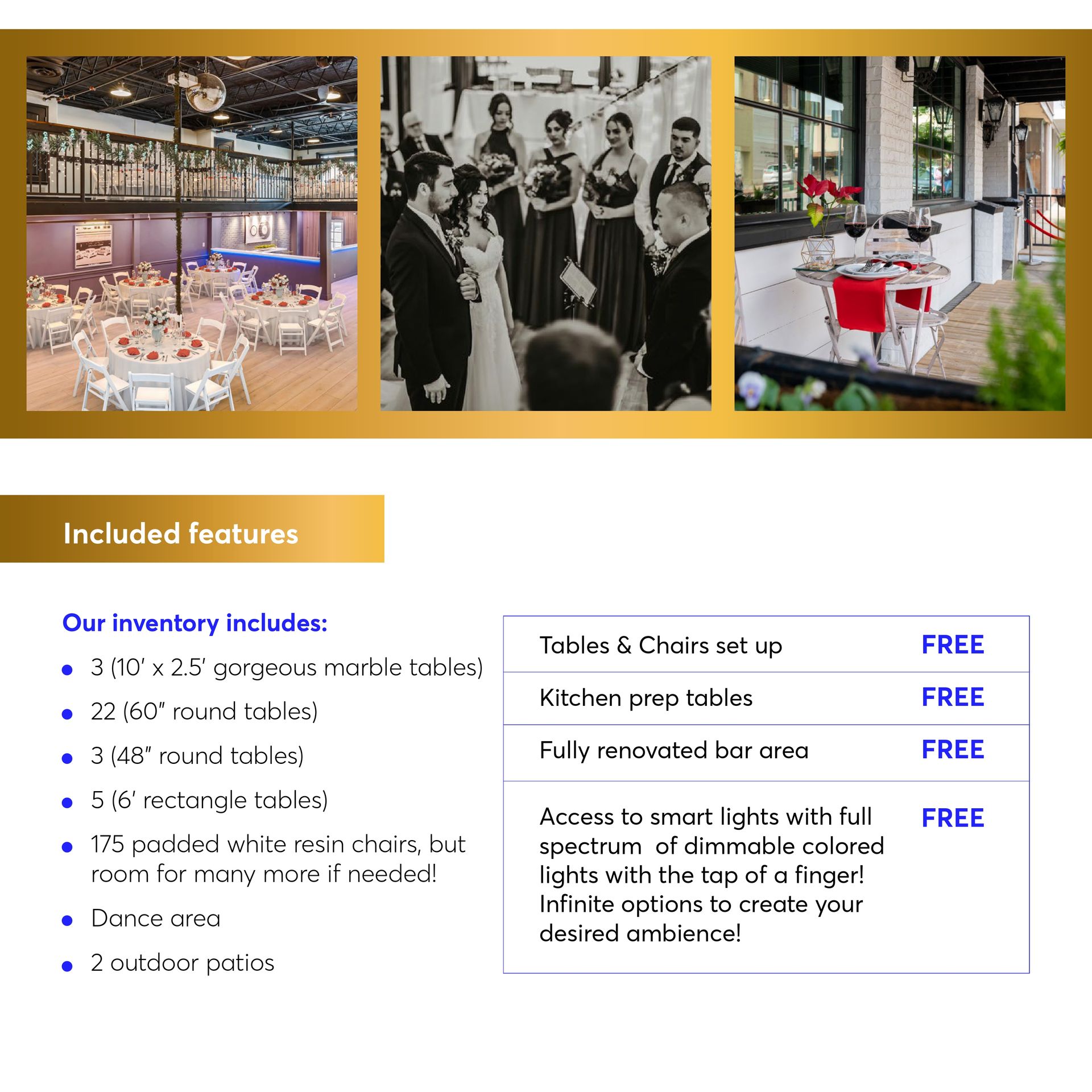 Venue photos with tables, bar, bridal party, and a list of included features.