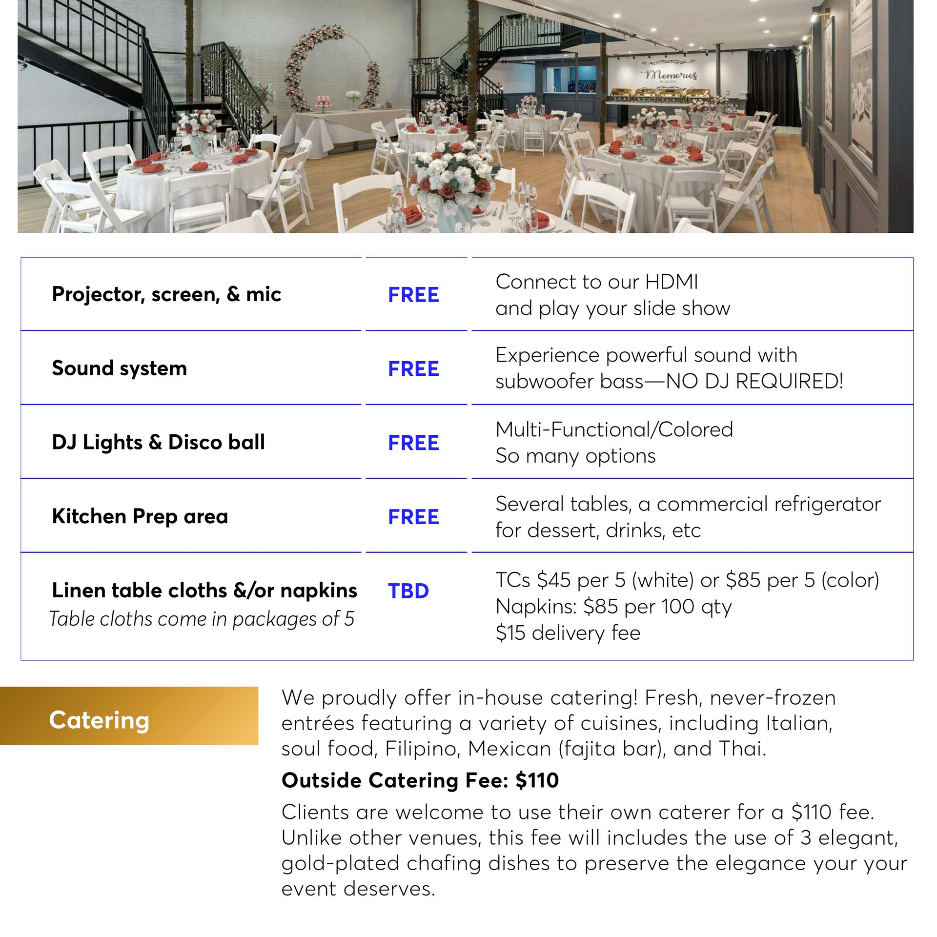 Interior event space with tables, catering info, and free amenities like projector and sound system.