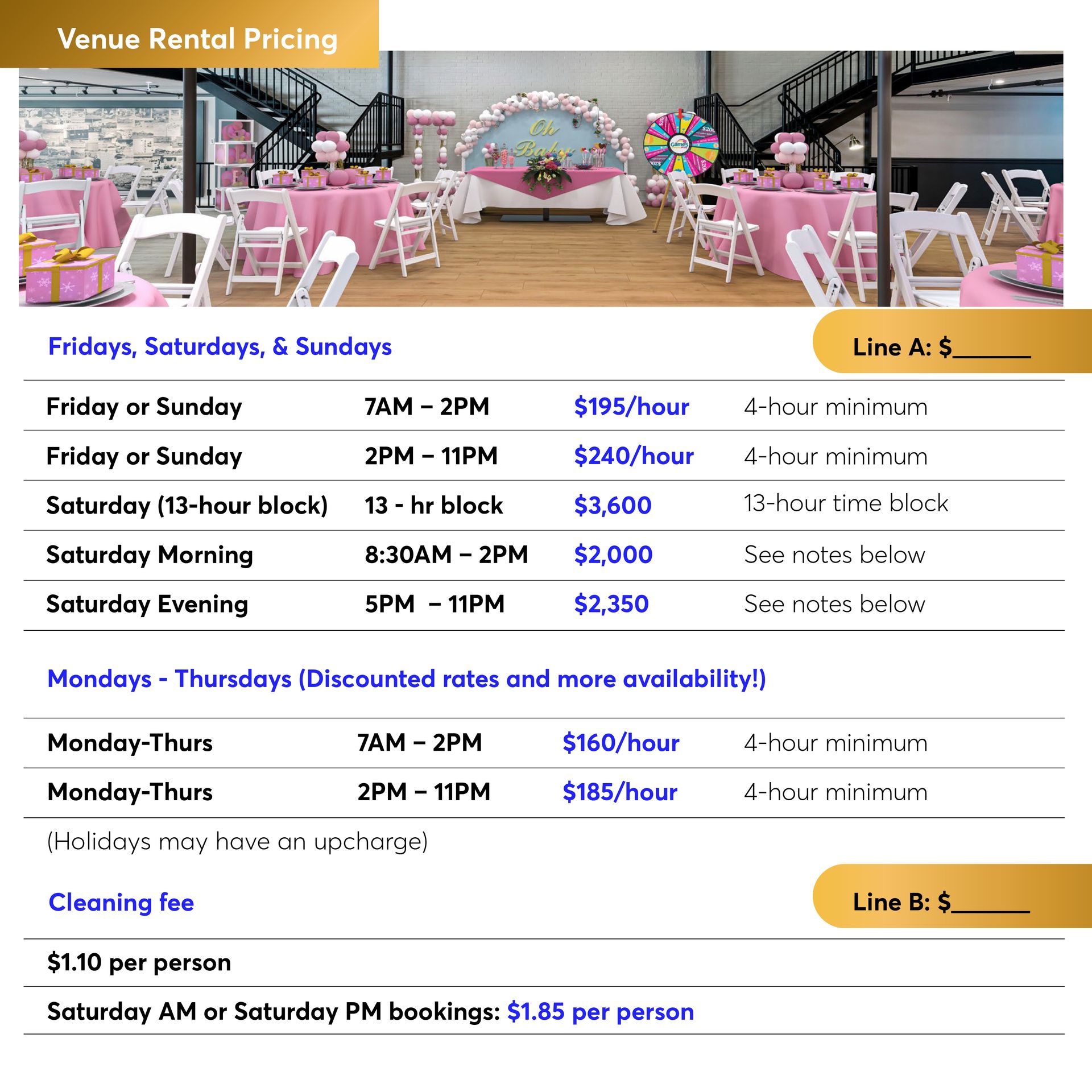 Venue rental pricing guide with rates for weekends and weekdays, and cleaning fees.