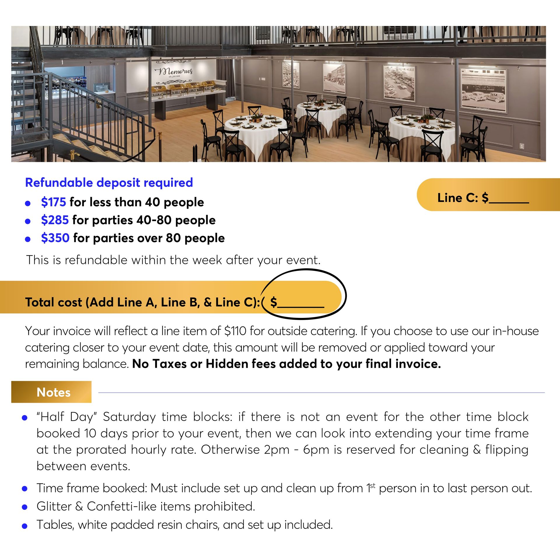 Document with event pricing: deposit, total cost, notes about time, catering, & setup.