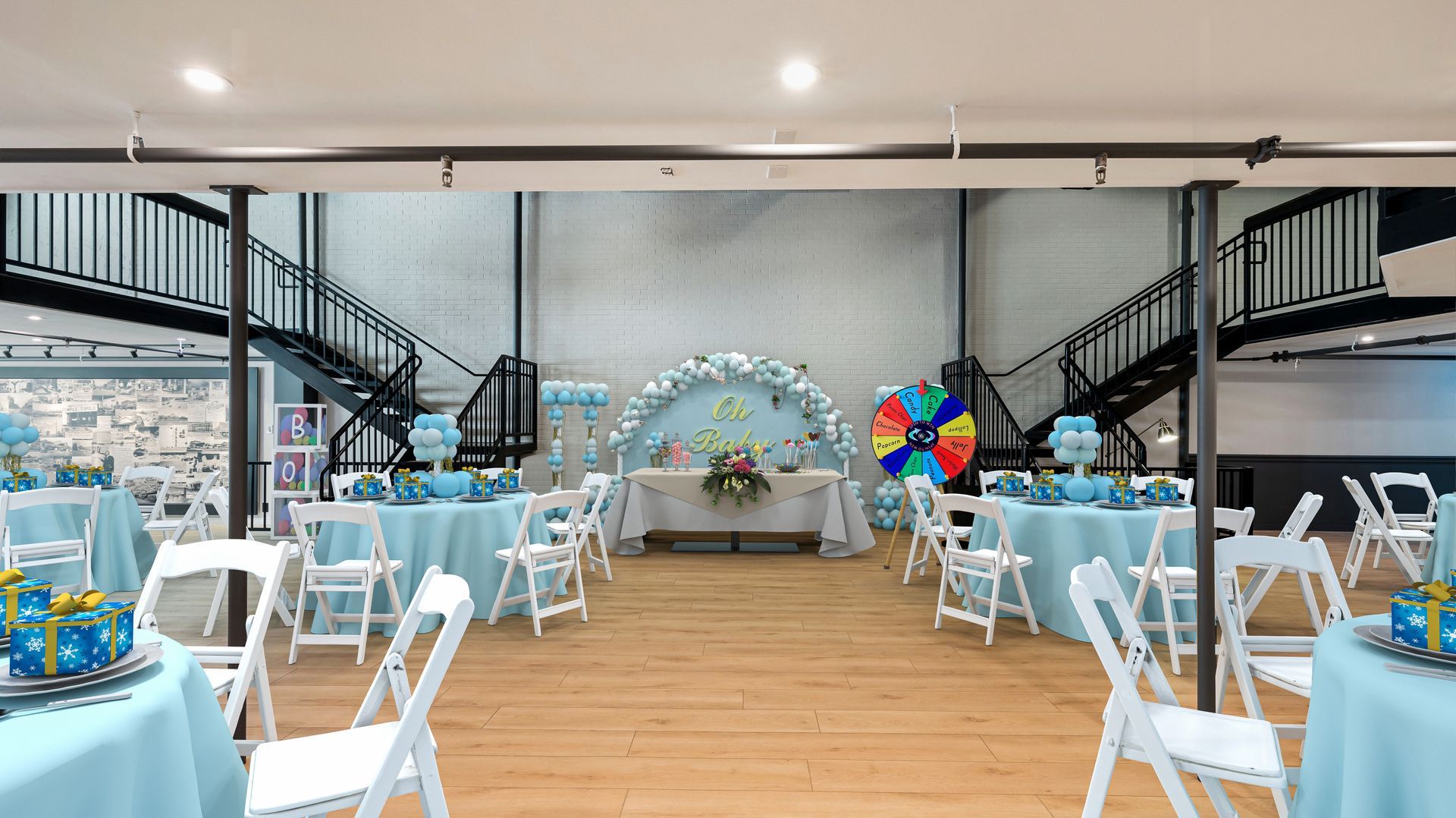 Event space decorated with light blue tablecloths, white chairs, and an arch.