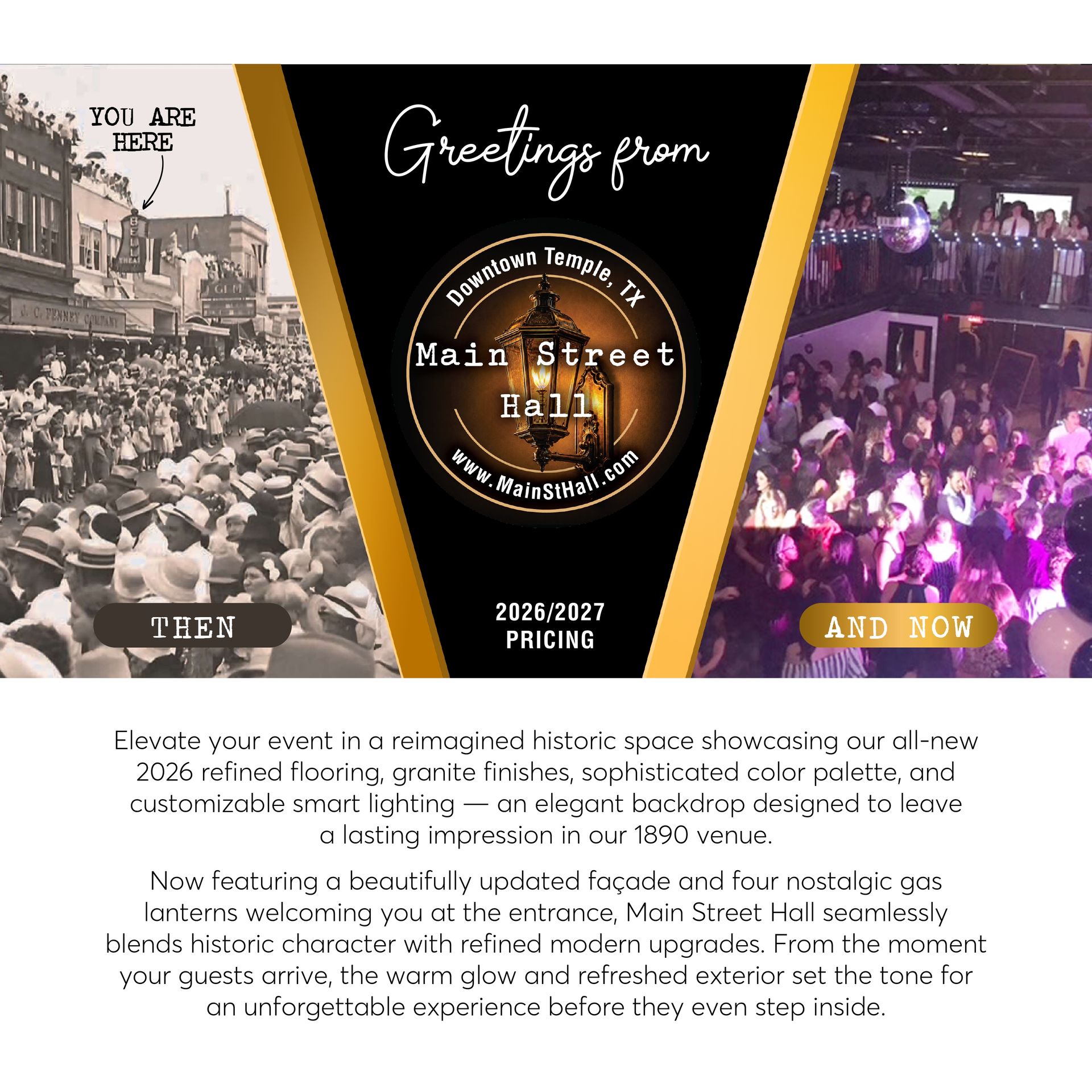 Three-panel Main Street Hall event promo with past crowd photo, centered logo, and current concert crowd