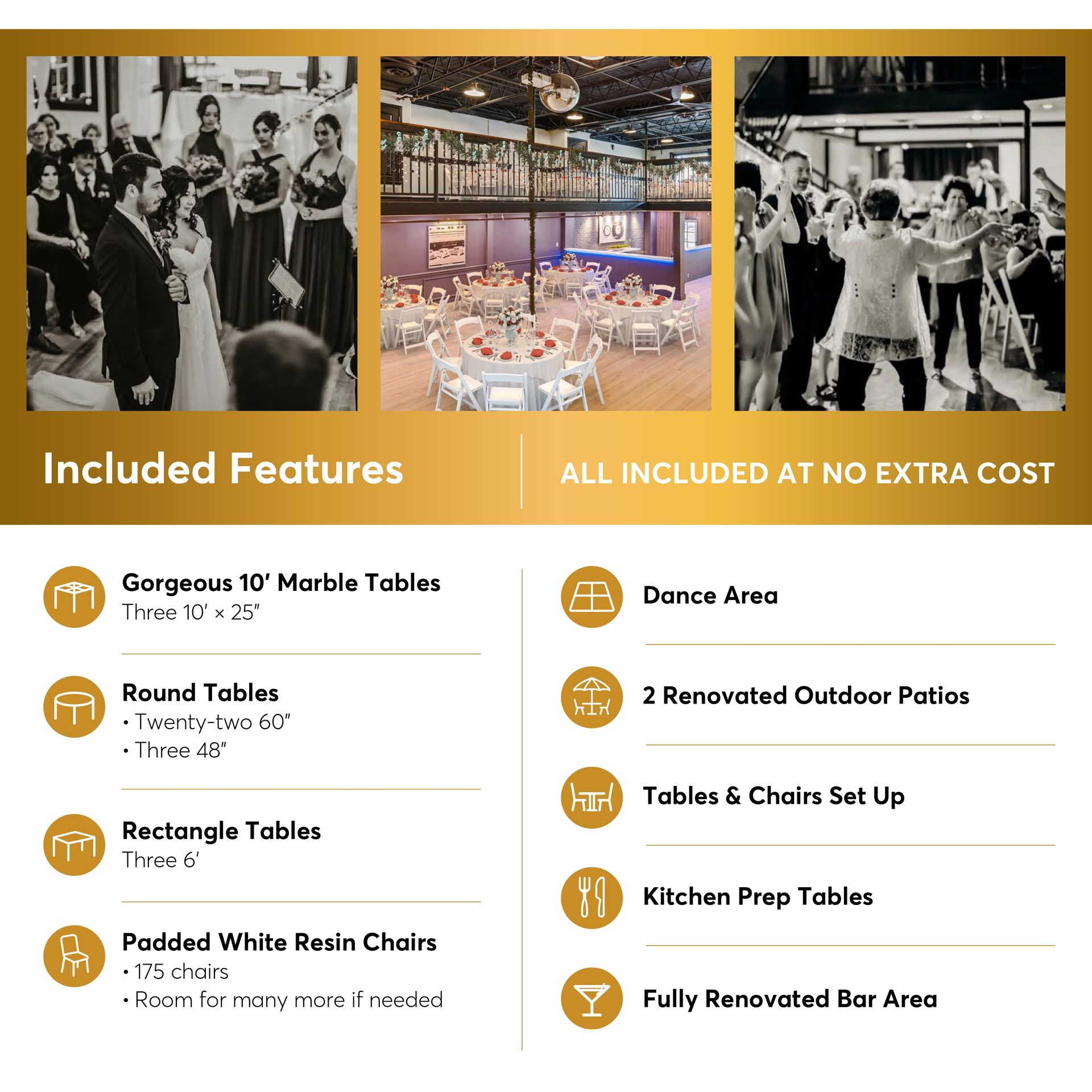 Venue features poster with three event photos and a list of included tables, dance area, patio, and bar area
