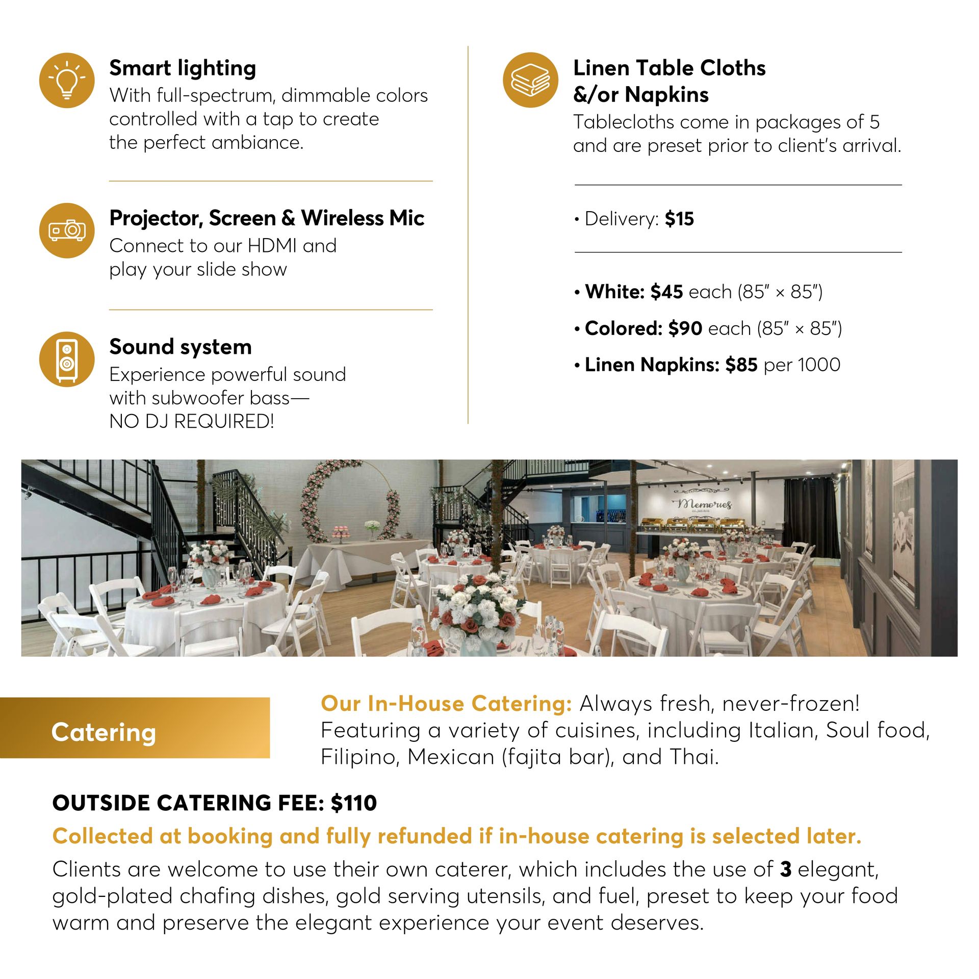 Catering services ad with lighting, linens, sound systems, and a buffet table setup
